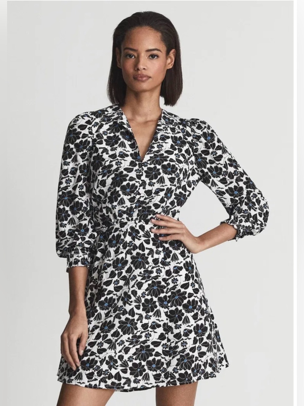 Reiss Matilda Monochrome Black White Floral Long sleeve Midi Dress Sz 4